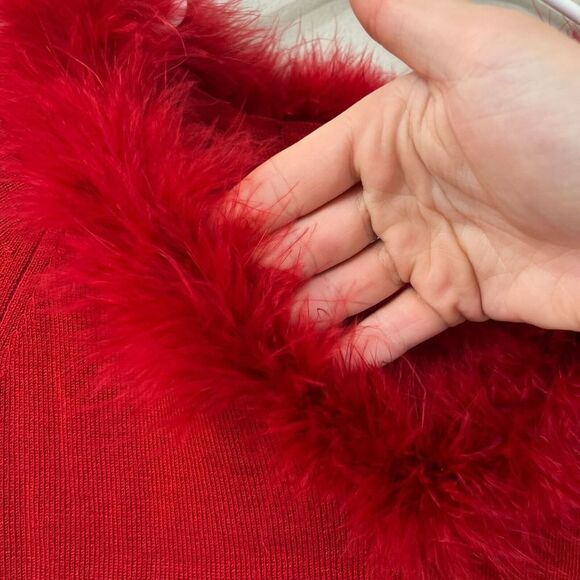 Vtg Y2K Cato Womens Red Sweater Medium Classic Feather Trim Neckline Long Sleeve - Picture 5 of 8